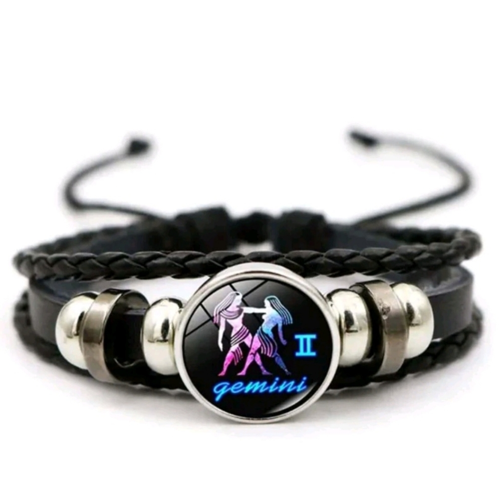 Leather handmade Woven Beaded Bracelet with Zodiac sign- Gemini